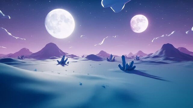 Surreal alien desert landscape with two glowing moons.