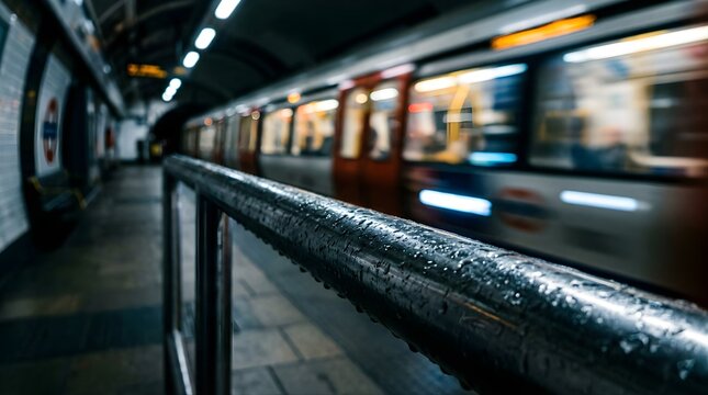 Motion blurred subway train passing through a dark underground station