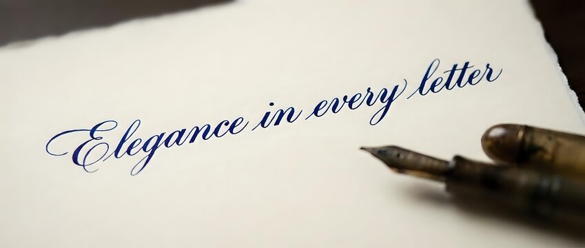 Fountain pen with ink nib resting on white paper displaying elegant cursive handwriting text, suitable for stationery, writing, correspondence, and calligraphy projects.
