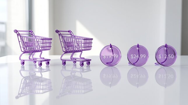 Two purple shopping carts, three price tokens, reflective surface, retail, e‑commerce, consumer choice.