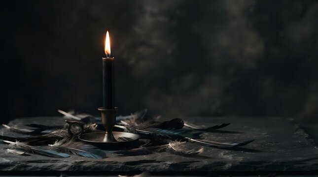 Lit black candle surrounded by scattered feathers on dark surface against moody textured backdrop, evoking mystical and gothic atmosphere for creative projects.