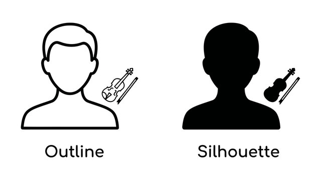 Outline and Silhouette of a Musician Icon: A comparison of two graphic icons representing a musician, one in outline form and the other as a black silhouette, both featuring a violin and bow.