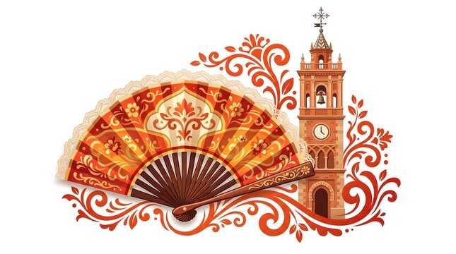 Traditional Spanish Fan and Historic Bell Tower with Ornate Swirls for Cultural Event Promotions or Travel Blog Graphics