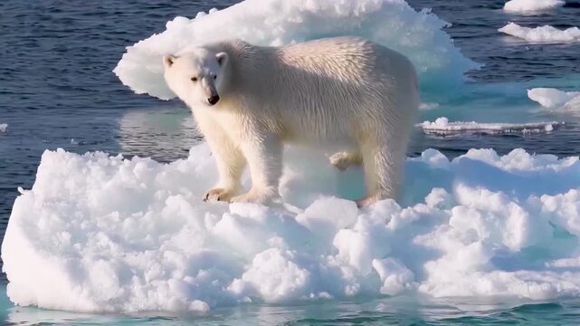Close-up of an adult polar bear on an iceberg. Animal endangered by climate change, global warming and climate crisis.