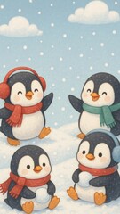 Fototapeta premium Cute penguins in snowy wonderland mobile wallpaper