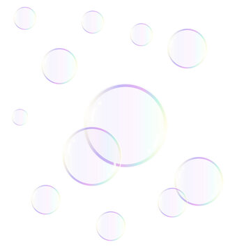 Realistic transparent soap bubbles floating isolated on transparent background
