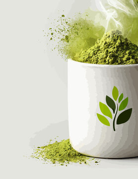 Vibrant green matcha tea powder overflowing from a white mug with a leaf design, highlighting a healthy, natural, and aromatic concept.
