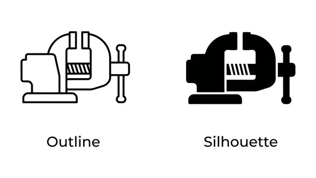 Bench Vice Icons: A pair of versatile bench vice icons, one in outline and the other as a solid silhouette, representing tools for gripping and holding materials firmly.