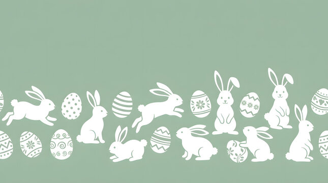 Seamless horizontal border pattern featuring white silhouettes of cute easter bunnies and decorated patterned eggs isolated on a soft sage green background