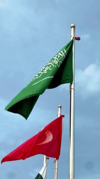 Turkey and Saudi Arabia Flags Waving, Peace Security Stability and Strategic Partnership
