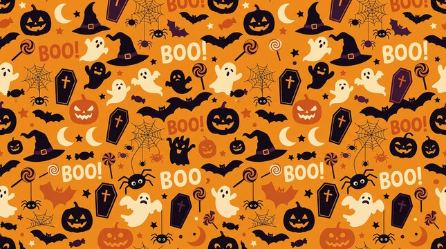 Halloween seamless pattern with cute ghosts and pumpkins halloween seamless background wrapping