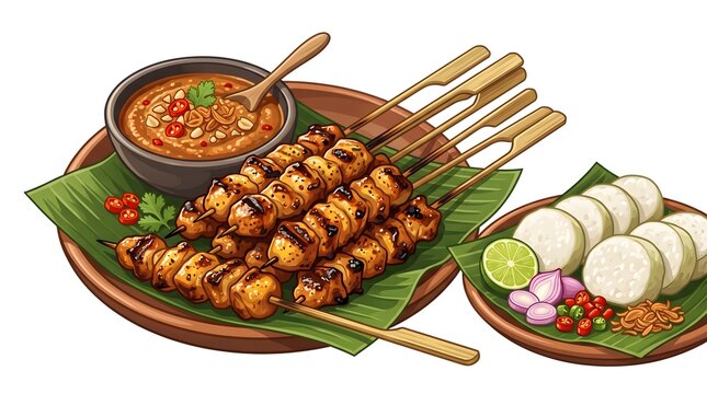 Digital vector illustration of Grilled chicken satay skewers served with peanut sauce, lime, cucumber, and fresh garnish, representing a popular Southeast Asian street food.