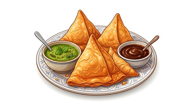 Digital vector illustration of Assorted golden samosas served with colorful green and brown chutneys, creating an appetizing presentation of traditional South Asian snacks.