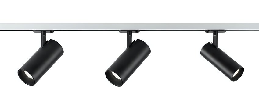 Three black cylindrical track lights mounted on a white rail system, angled downward for accent and display lighting in retail, gallery, or residential spaces.