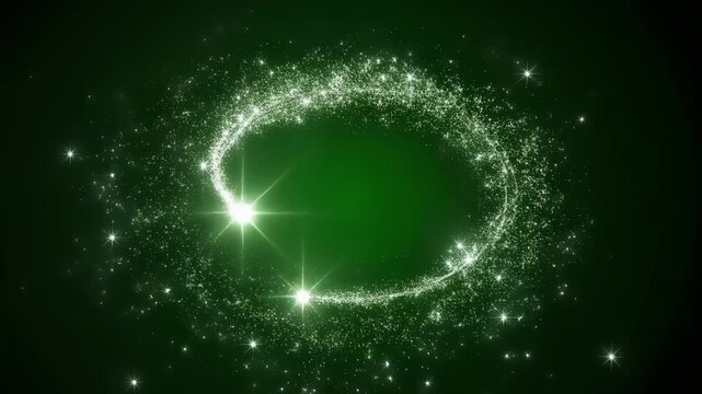 Green magical sparkle trail animating into a luminous oval shape with cinematic motion on a dark background