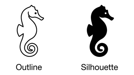 Seahorse Iconography: A detailed comparison of seahorse imagery, showcasing both an intricate outline and a bold silhouette, perfect for marine-themed designs and educational materials. © Abdul