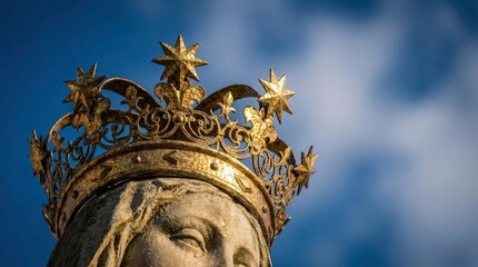 Obraz premium Close up of stone statue head wearing golden crown.