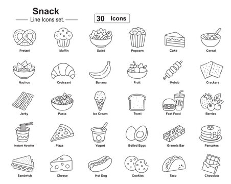 Fast food and snacks linear icon set, Snack icon set in outline style. Collection of chips, popcorn, candy, chocolate, cookie, and fast food
