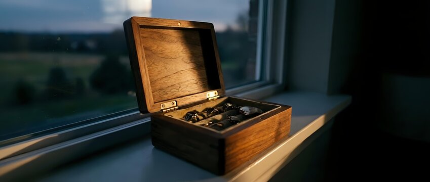 Wooden jewelry box with open lid displaying compartments and storage