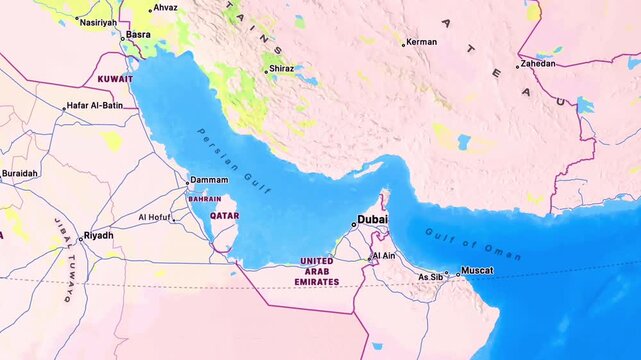 Detailed Map of Middle East Showing Persian Gulf, Gulf of Oman, Red Sea, Iran and Saudi Arabia with Regional Borders and Geography