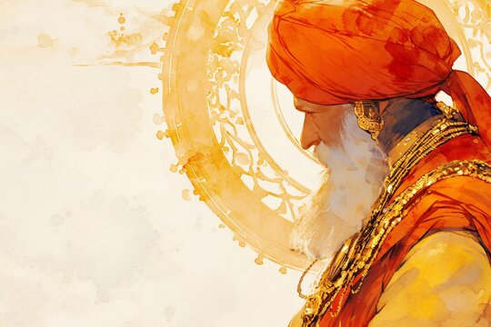 Man guru with long white beard and orange turban side profile view. Spiritual teacher meditation concept for Guru Purnima. Traditional Indian wisdom, enlightenment and yoga practice.