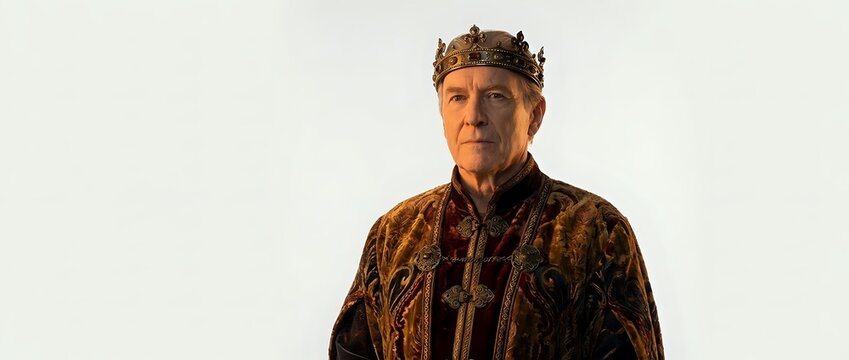 Middle-aged man with crown wearing ornate brown and gold patterned robe against neutral background, suitable for historical, fantasy, or theatrical character concepts.