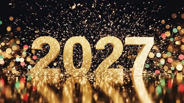 Gold glittery 2027 numbers with fireworks and bokeh background