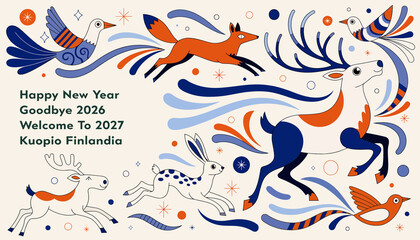 Fototapeta premium Happy New Year 2027 Kuopio Finland: Festive Woodland Animals Greeting Card Design