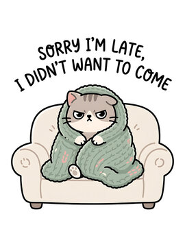 Cute Grumpy Cat in Green Knit Sweater, Cozy Sofa Illustration, Funny Typography Quote, Relatable Memes for T-Shirts and Print on Demand, Vector Art