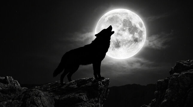 Silhouette of a wolf howling at a full moon on a rocky cliffside at night with silhouette, wildlife