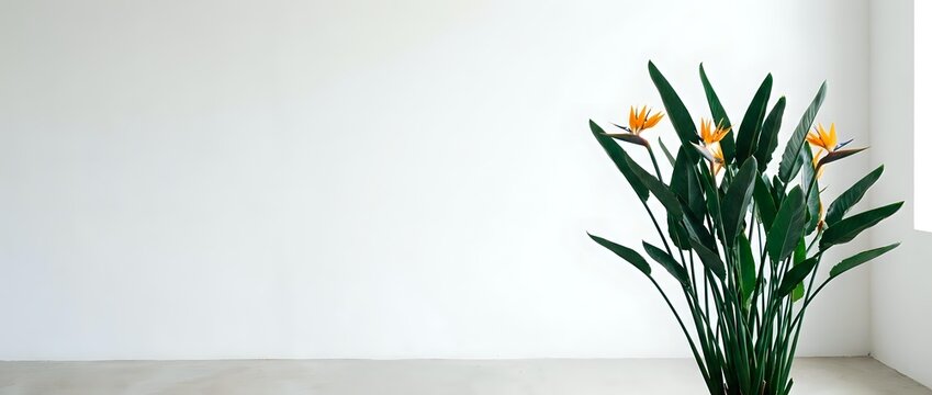 Yellow clivia flowers with green foliage in vase on white shelf against blank wall, minimalist interior design and home decor.