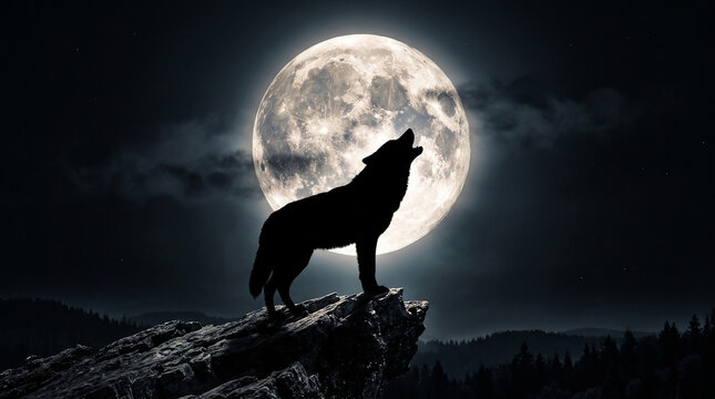 Black wolf silhouette howling against a bright full moon in the night sky with silhouette, wildlife