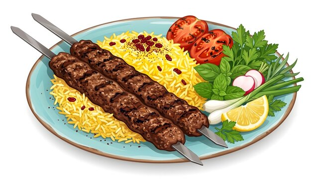 Persian koobideh kebab with rice, Grilled beef steak served with seasoned rice, vegetables, and side dishes, creating a hearty and colorful restaurant-style meal presentation.