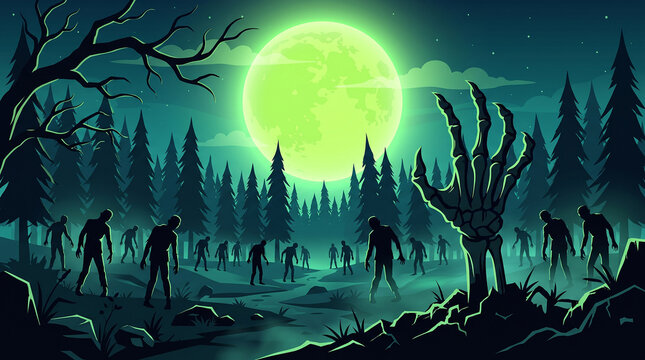 Creepy zombie horde rising from earth under a glowing neon green moon in forest with halloween