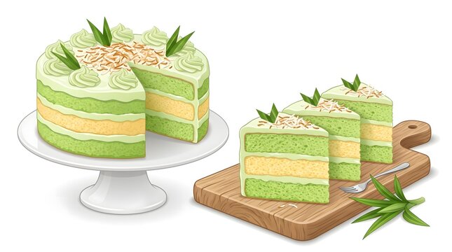 Elegant slices of green pandan layer cake with creamy filling, arranged on a white plate for a fresh tropical dessert presentation.