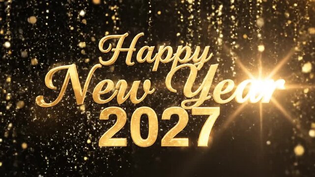 Gold Happy New Year 2027 text on sparkling black background