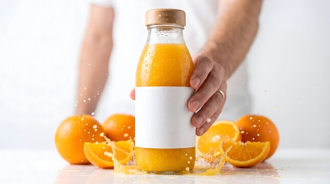 Orange juice mock up, Bottle of fresh orange juice held against a bright kitchen background with sliced oranges, representing healthy beverages and natural nutrition.