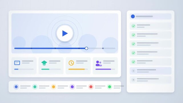 Abstract animated online learning screen progressing through lessons drawn as blue and cyan lines and dots on a bright, clean light background. Seamless looping 4K motion graphics video with free spac