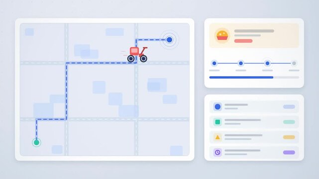 Abstract animated food order tracked from kitchen to door drawn as amber and orange lines and dots on a bright, clean light background. Seamless looping 4K motion graphics video with free space for te