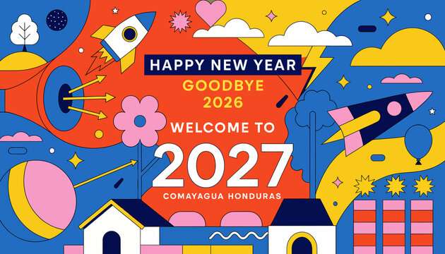 Happy New Year 2027 Goodbye 2026 Comayagua Honduras Celebration Greeting Card with Rockets and Festive Elements