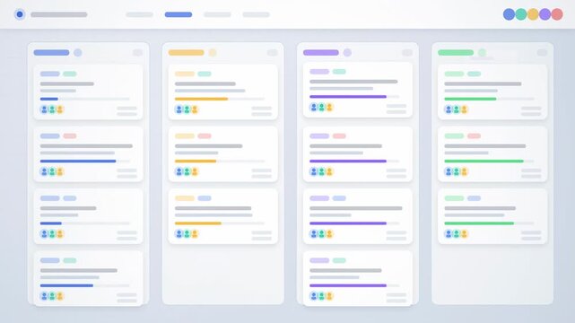 Abstract animated tasks moving across a kanban project board drawn as blue and cyan lines and dots on a bright, clean light background. Seamless looping 4K motion graphics video with free space for te