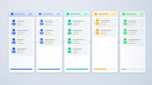 Abstract animated candidates moving through a recruitment process drawn as cyan and teal lines and dots on a bright, clean light background. Seamless looping 4K motion graphics video with free space f