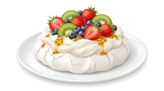 Elegant pavlova dessert topped with whipped cream, strawberries, blueberries, and raspberries, creating a fresh and colorful sweet presentation.