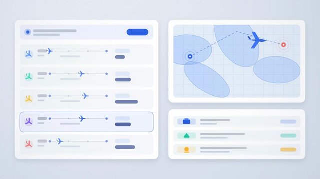 Abstract animated trip being searched and booked drawn as blue and cyan lines and dots on a bright, clean light background. Seamless looping 4K motion graphics video with free space for text, ideal fo