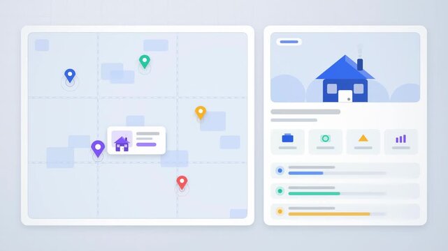 Abstract animated property listings browsed with floor plans drawn as blue and cyan lines and dots on a bright, clean light background. Seamless looping 4K motion graphics video with free space for te