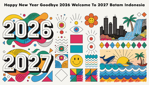 Happy New Year 2027 Goodbye 2026 Colorful Abstract Design with Batam Indonesia Scenery