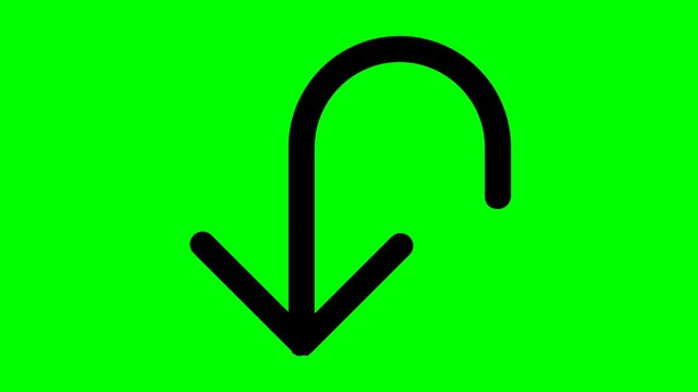 A bold black u turn arrow symbol pointing downward animated cleanly for digital navigation cues and