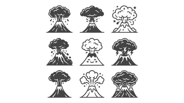 Collection of nine volcano eruption line art icons.