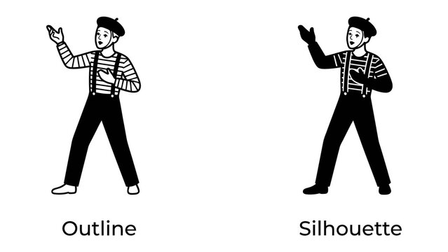 Mime Performance Icon: Two stylized figures of a mime artist, one in outline and the other in silhouette, performing with expressive gestures.