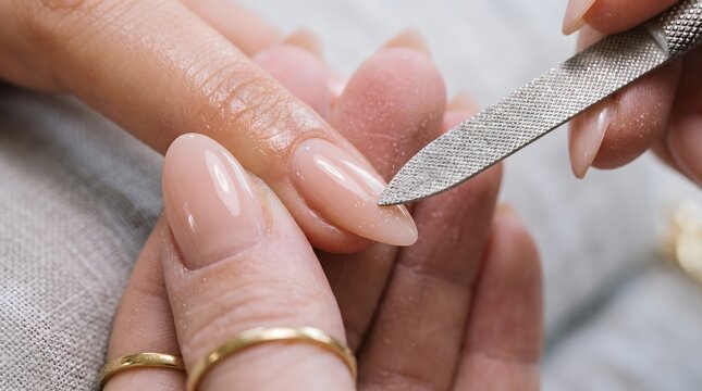 Close-up of a professional manicure session with a nail file shaping natural fingernails, representing beauty care and personal grooming.